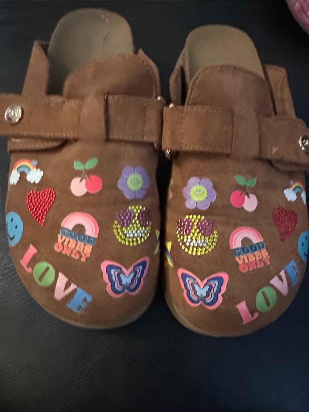 Kids Brown Slip-On Clogs with Colorful Love & Rainbow Graphics